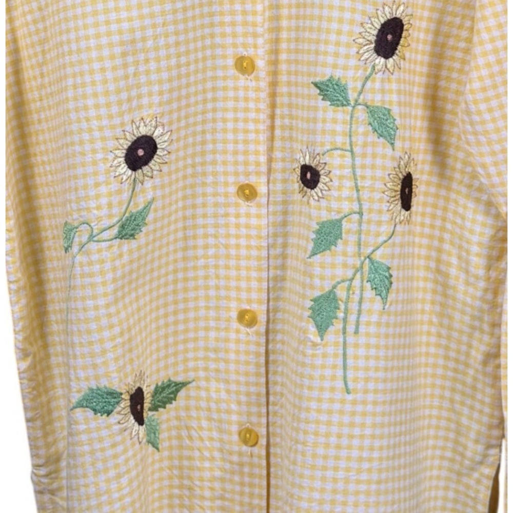 Bedford Fair Sunflower Embroidered Gingham Shirt Yellow Vintage 90s Womens M